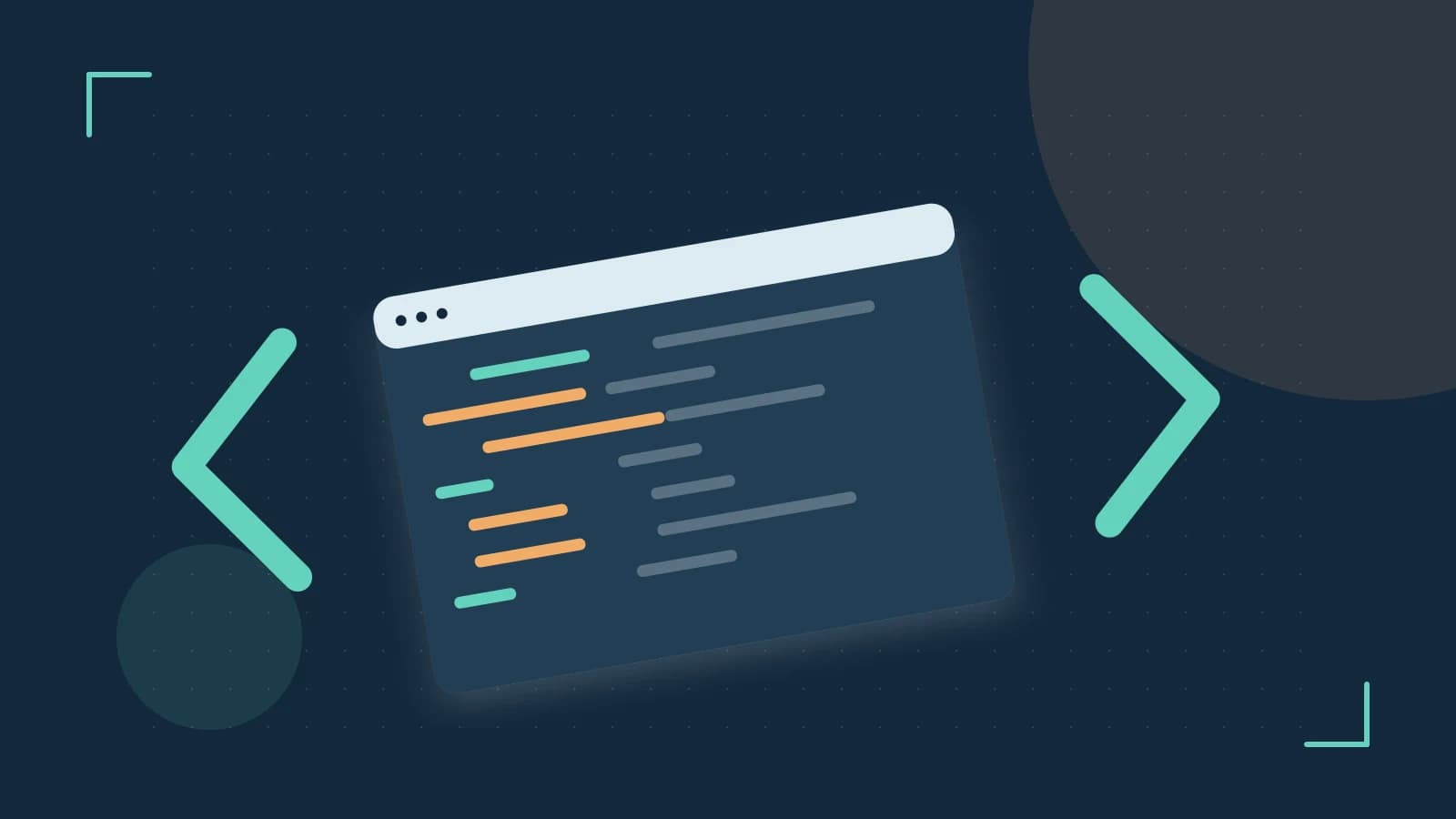 Editorial illustration of an abstract code editor, syntax blocks and oversized programming brackets