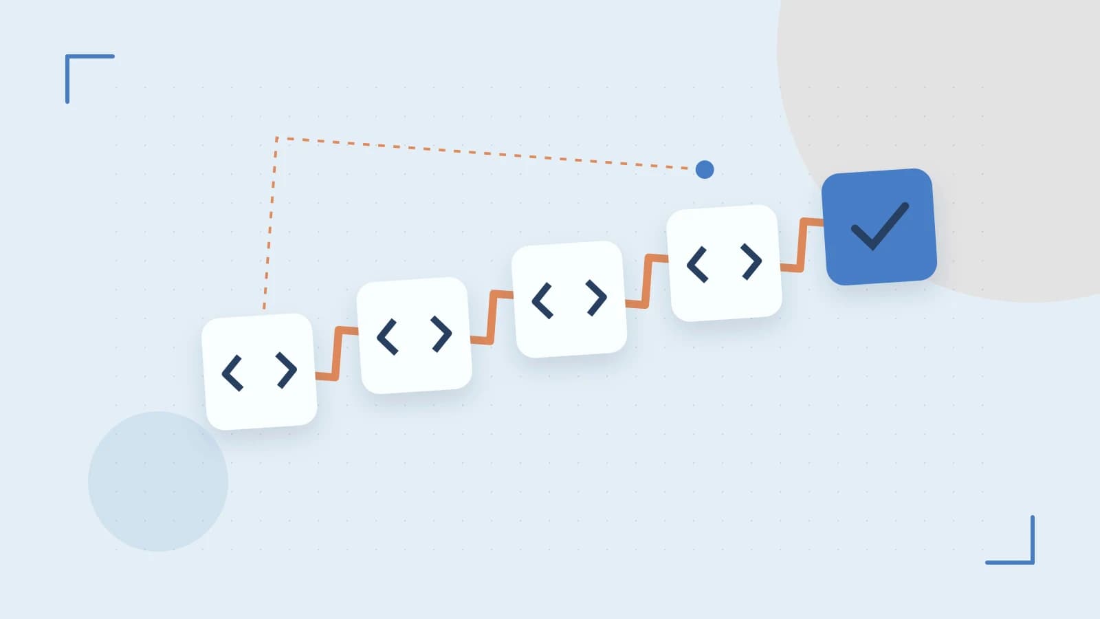 Editorial illustration of a branching build pipeline, staged transformations and a completed check