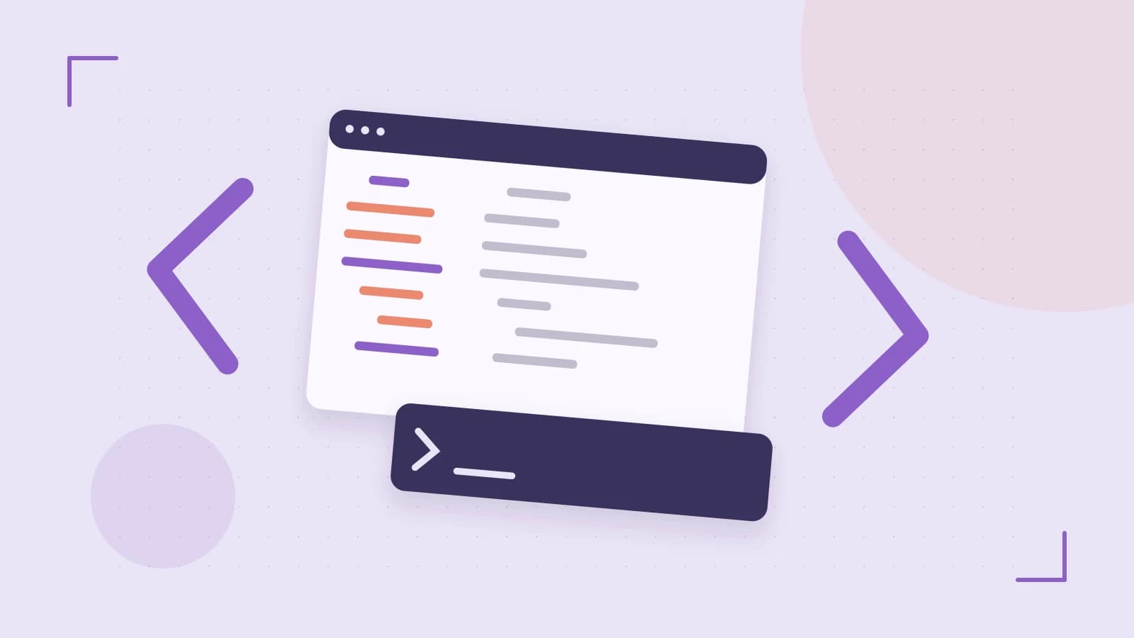 Editorial illustration of an abstract code editor, syntax blocks and oversized programming brackets