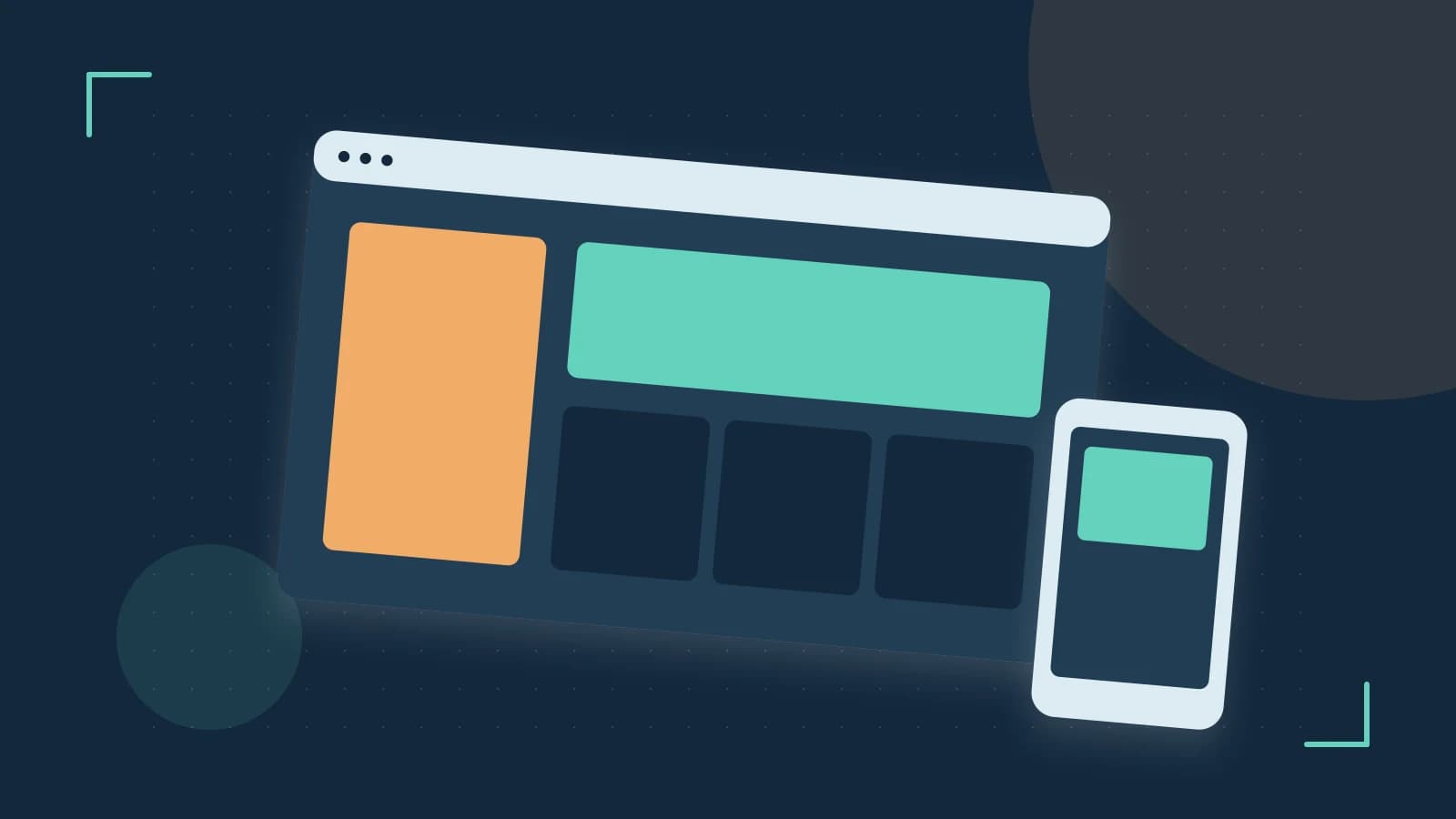 Editorial illustration of responsive browser layouts, overlapping design components and a color system