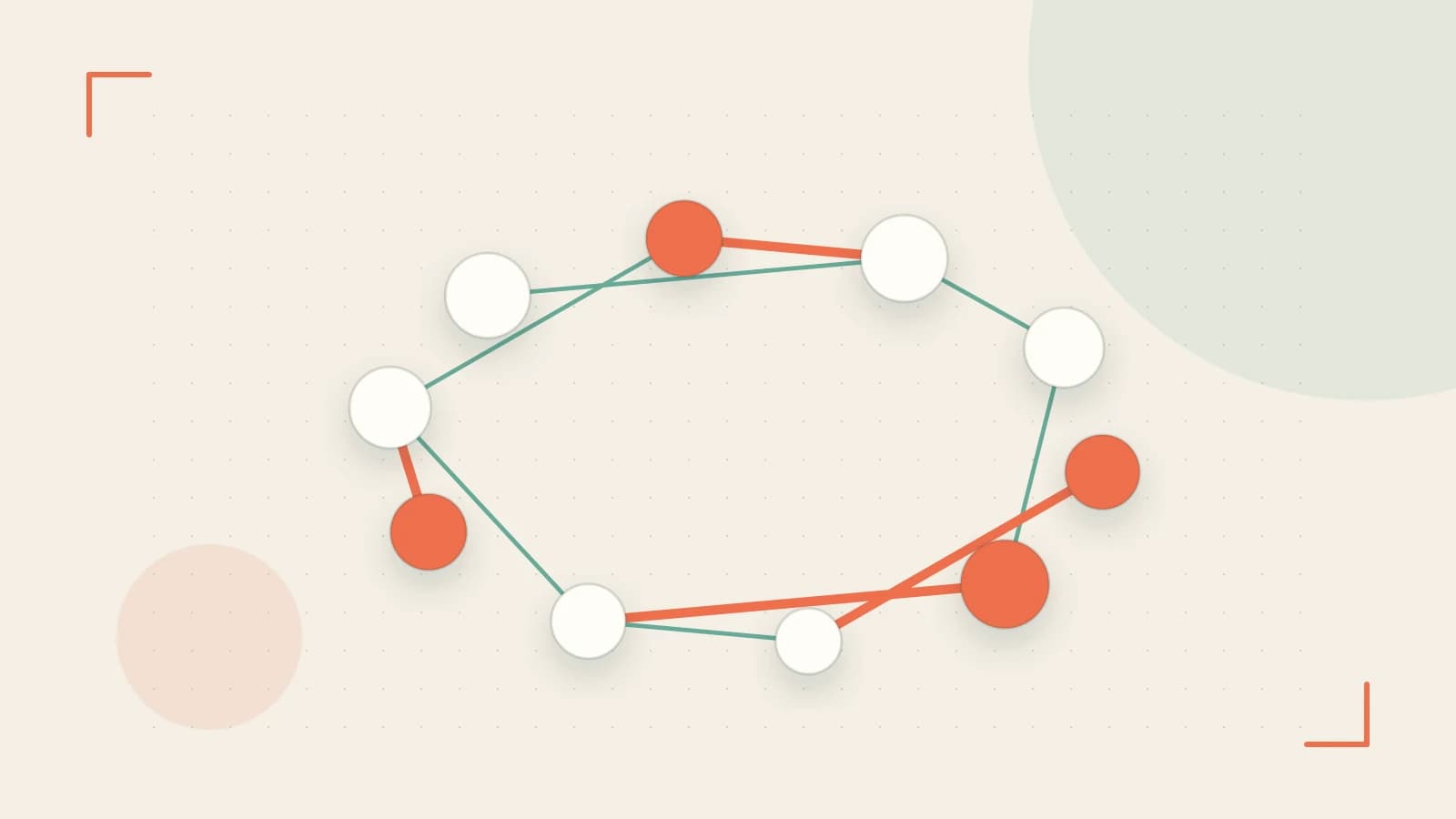 Editorial illustration of an algorithmic node graph with branching paths and a highlighted result