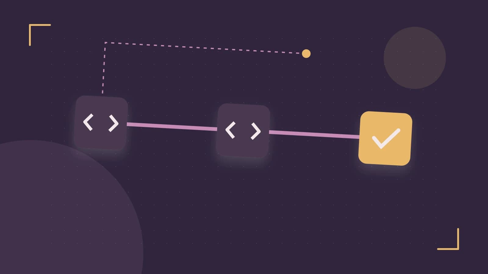 Editorial illustration of a branching build pipeline, staged transformations and a completed check