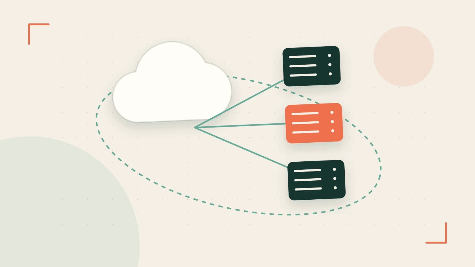 Editorial illustration of cloud infrastructure, connected server racks and an orbital service map