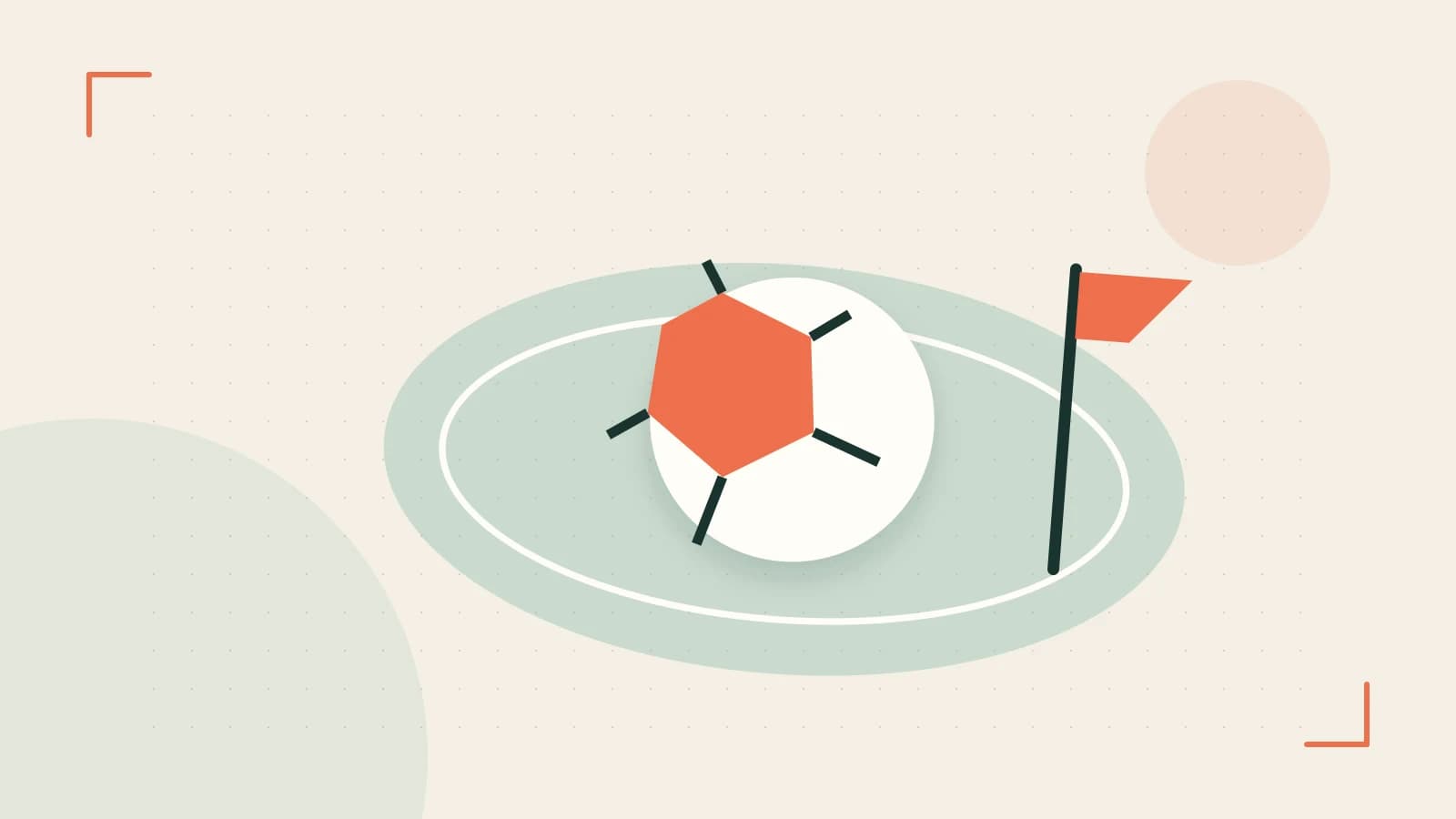 Editorial illustration of a stylized sports ball, stadium geometry and dynamic arcs