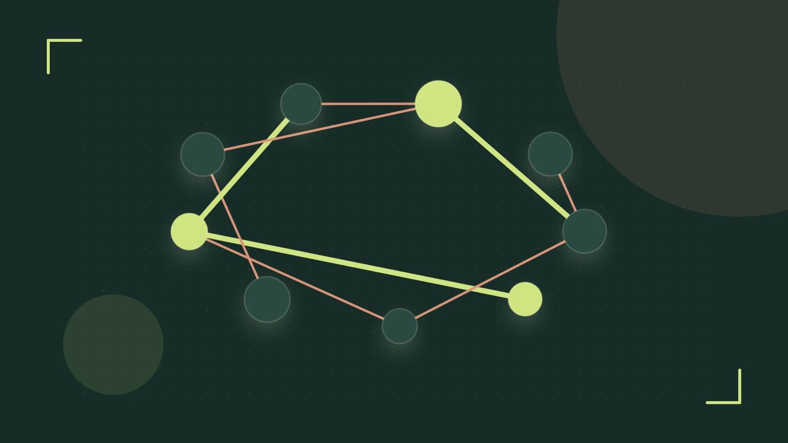 Editorial illustration of an algorithmic node graph with branching paths and a highlighted result