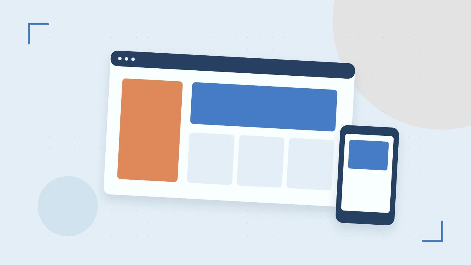 Editorial illustration of responsive browser layouts, overlapping design components and a color system