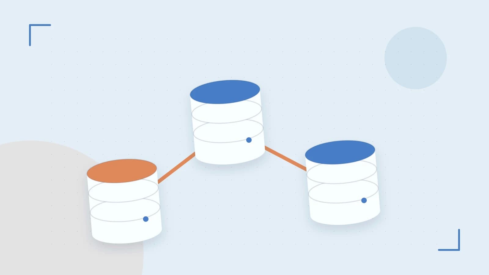 Editorial illustration of structured records, database cylinders and relationships between tables