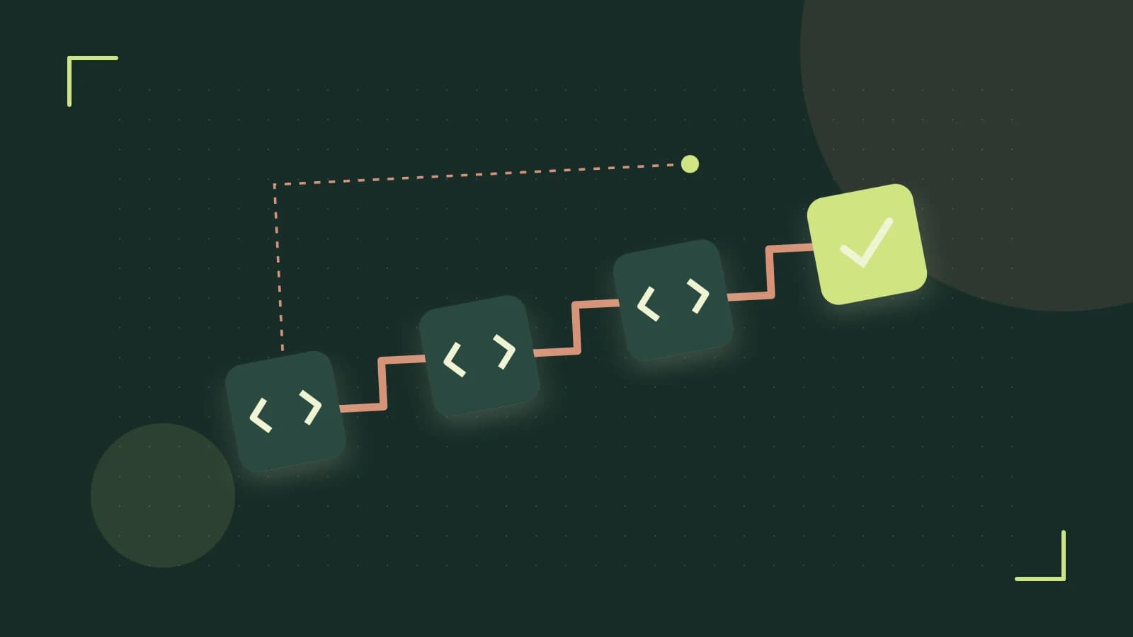 Editorial illustration of a branching build pipeline, staged transformations and a completed check