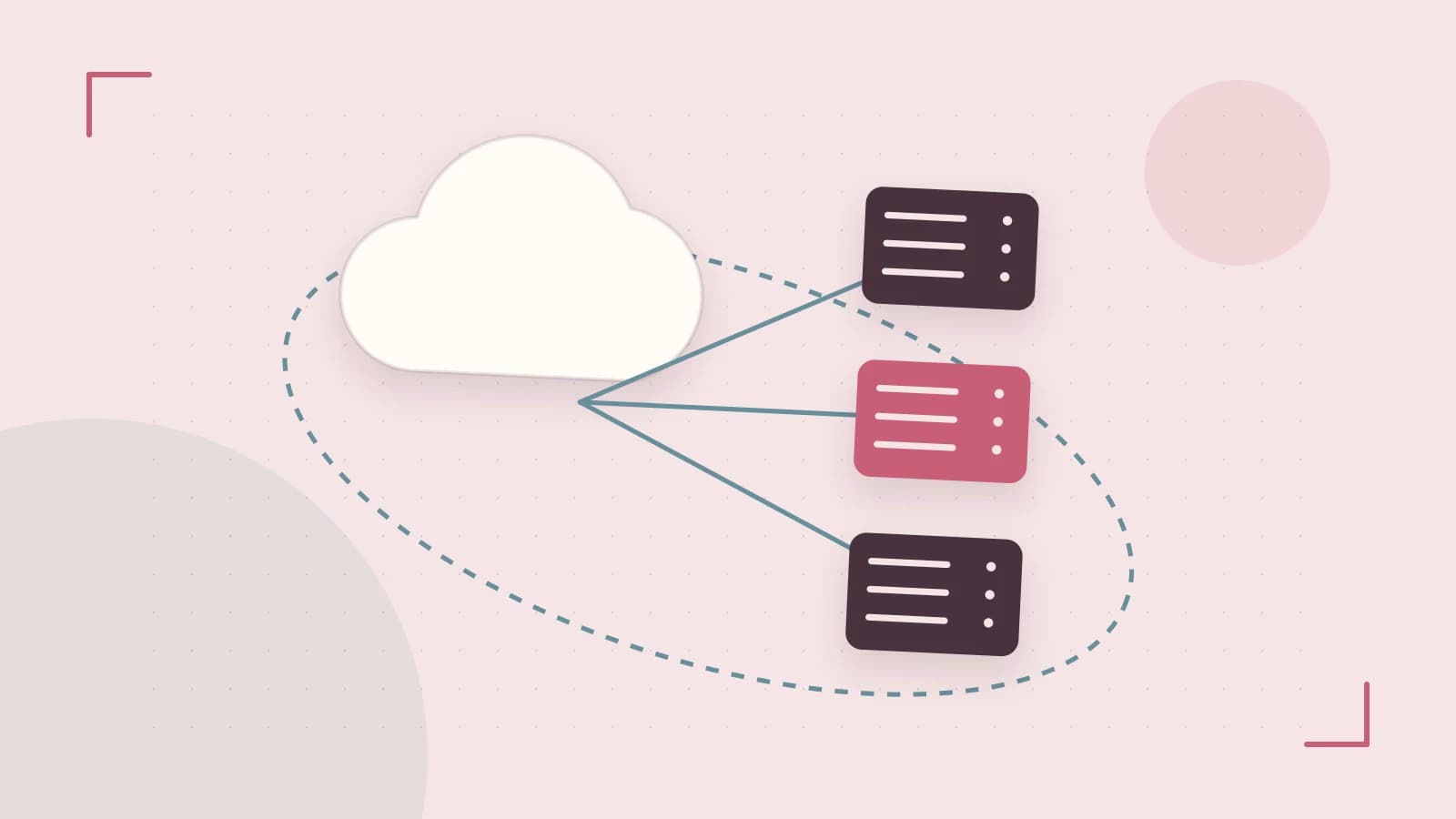 Editorial illustration of cloud infrastructure, connected server racks and an orbital service map