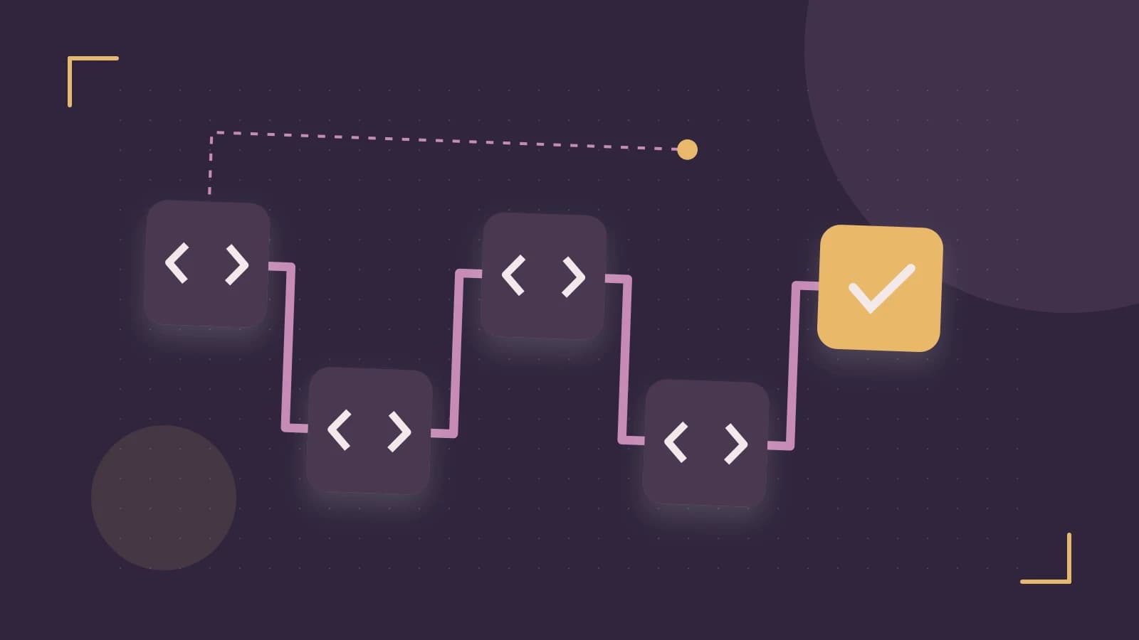 Editorial illustration of a branching build pipeline, staged transformations and a completed check