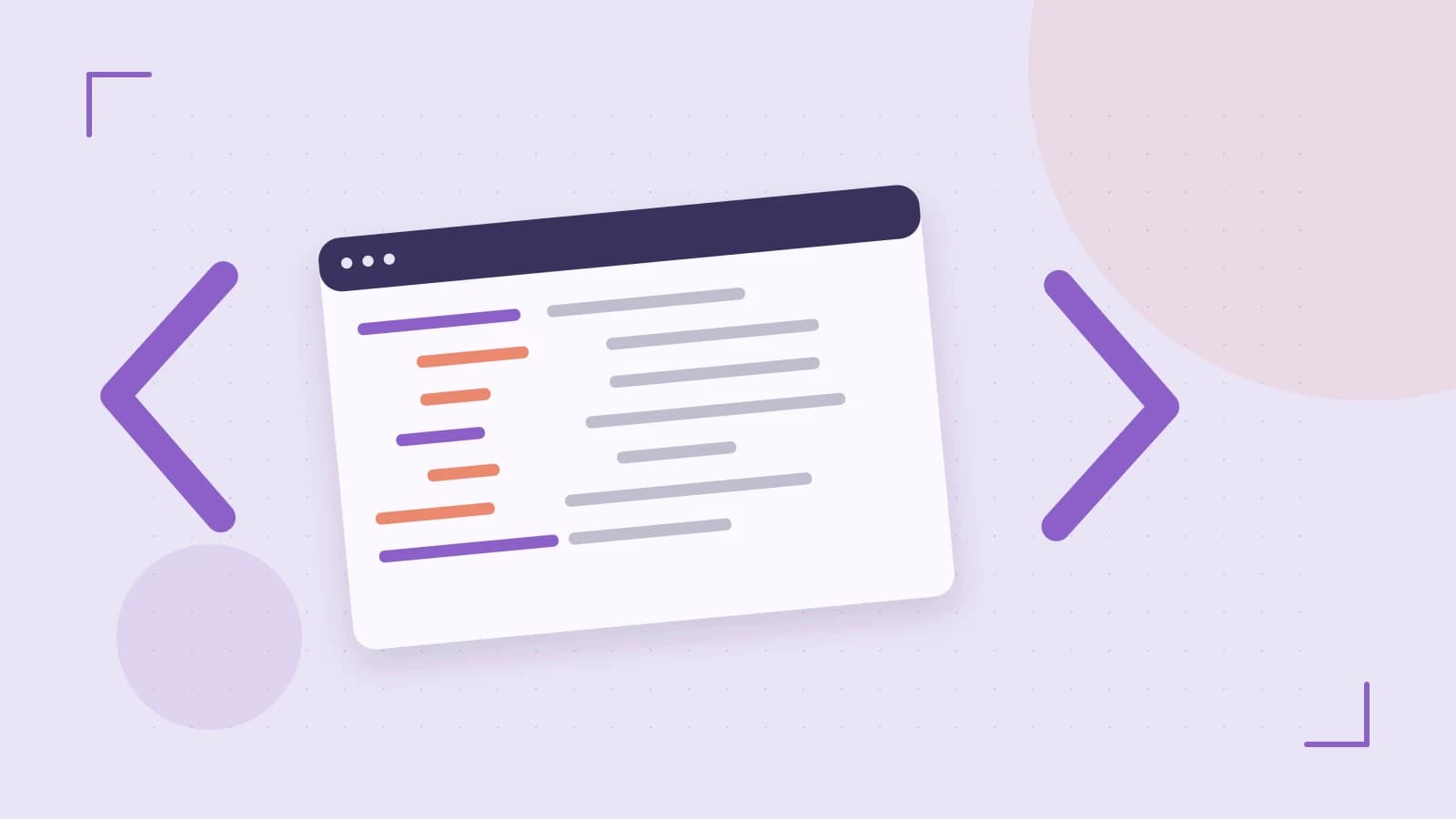Editorial illustration of an abstract code editor, syntax blocks and oversized programming brackets