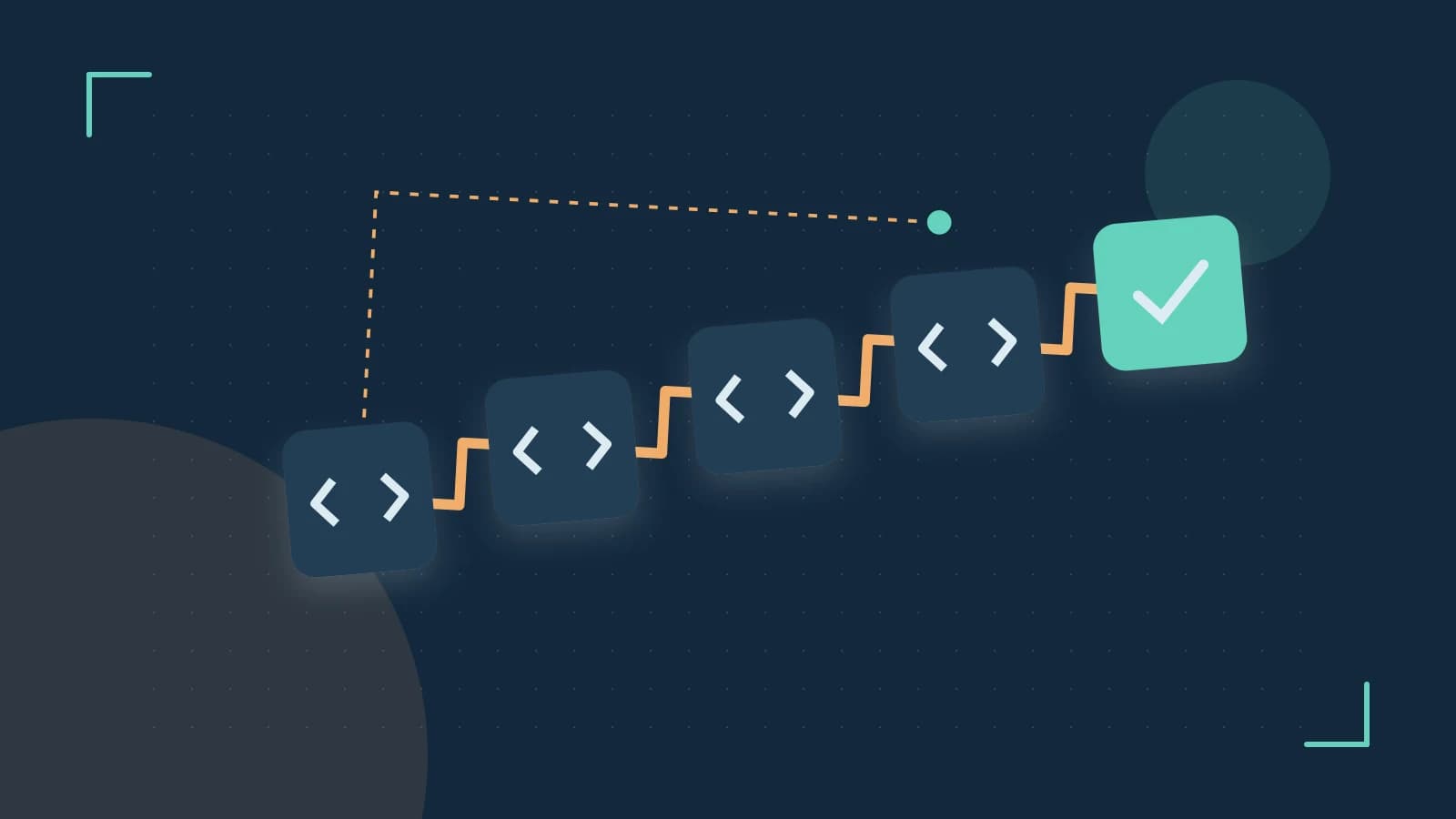 Editorial illustration of a branching build pipeline, staged transformations and a completed check