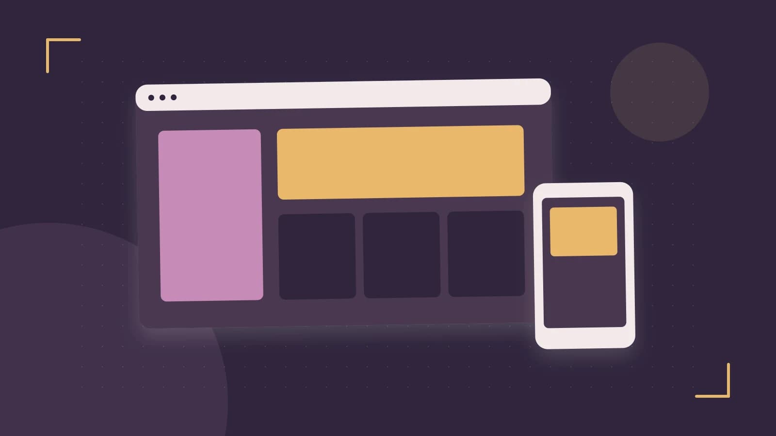 Editorial illustration of responsive browser layouts, overlapping design components and a color system