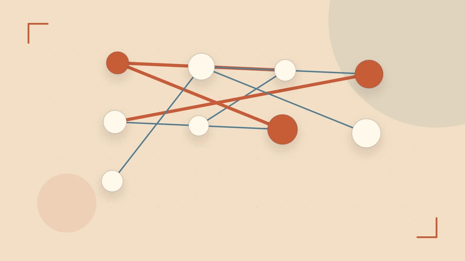 Editorial illustration of an algorithmic node graph with branching paths and a highlighted result