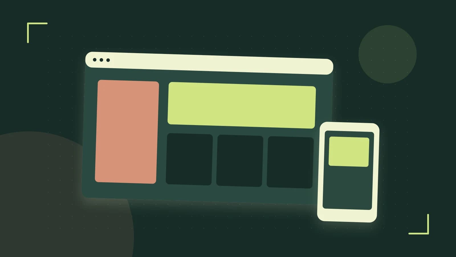 Editorial illustration of responsive browser layouts, overlapping design components and a color system