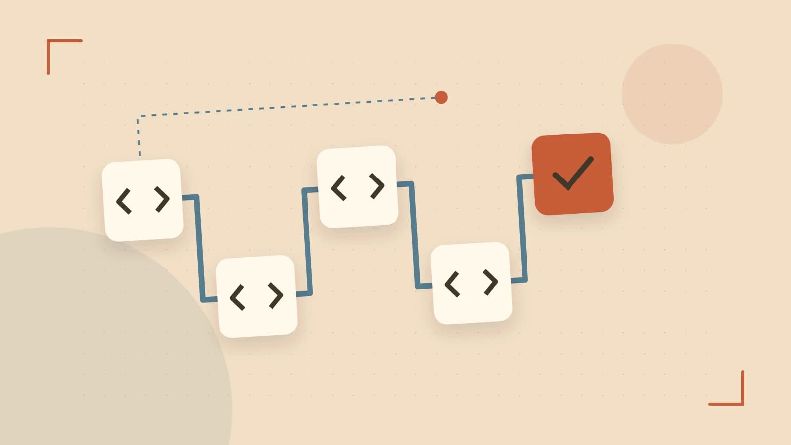 Editorial illustration of a branching build pipeline, staged transformations and a completed check
