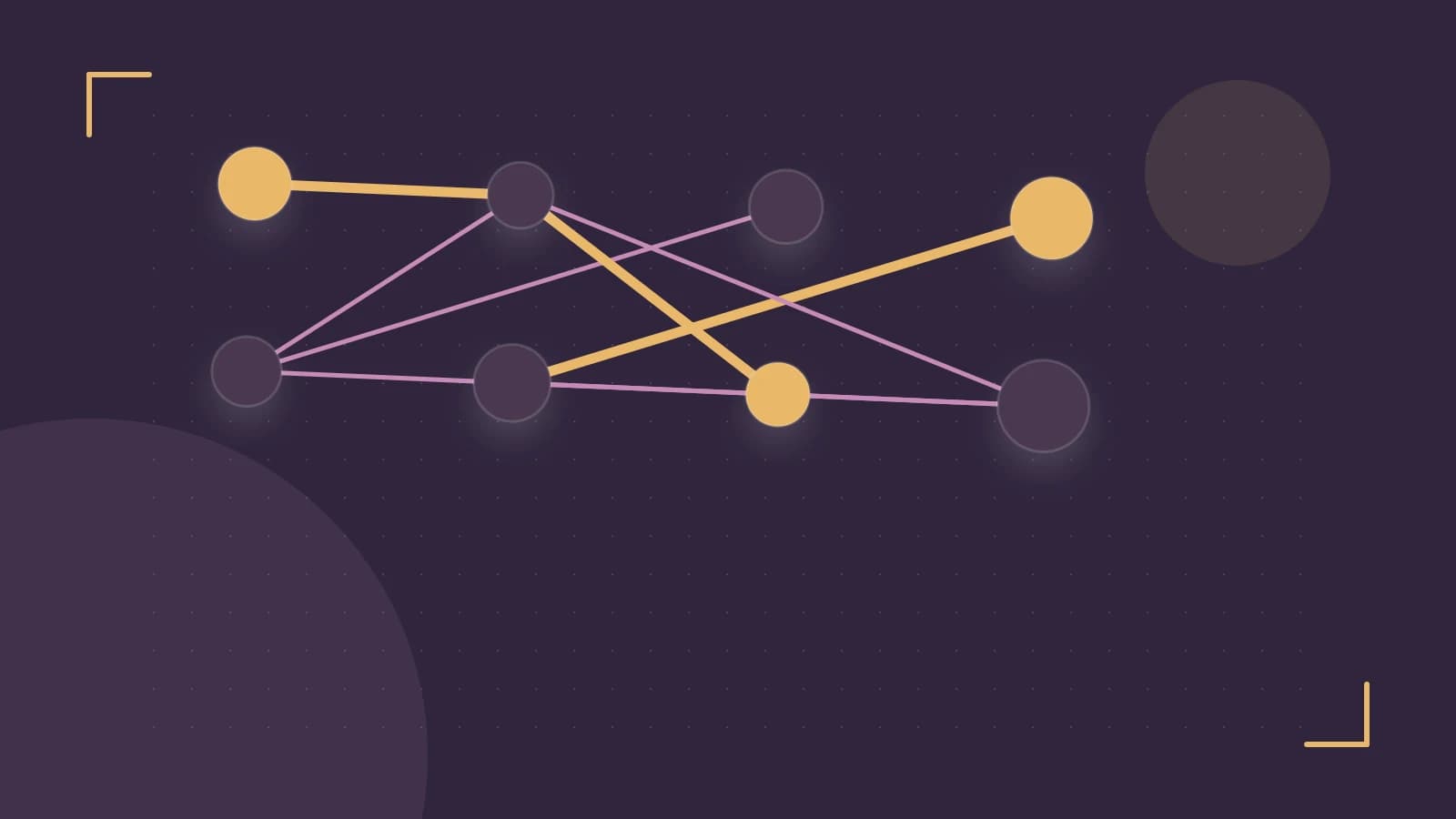Editorial illustration of an algorithmic node graph with branching paths and a highlighted result