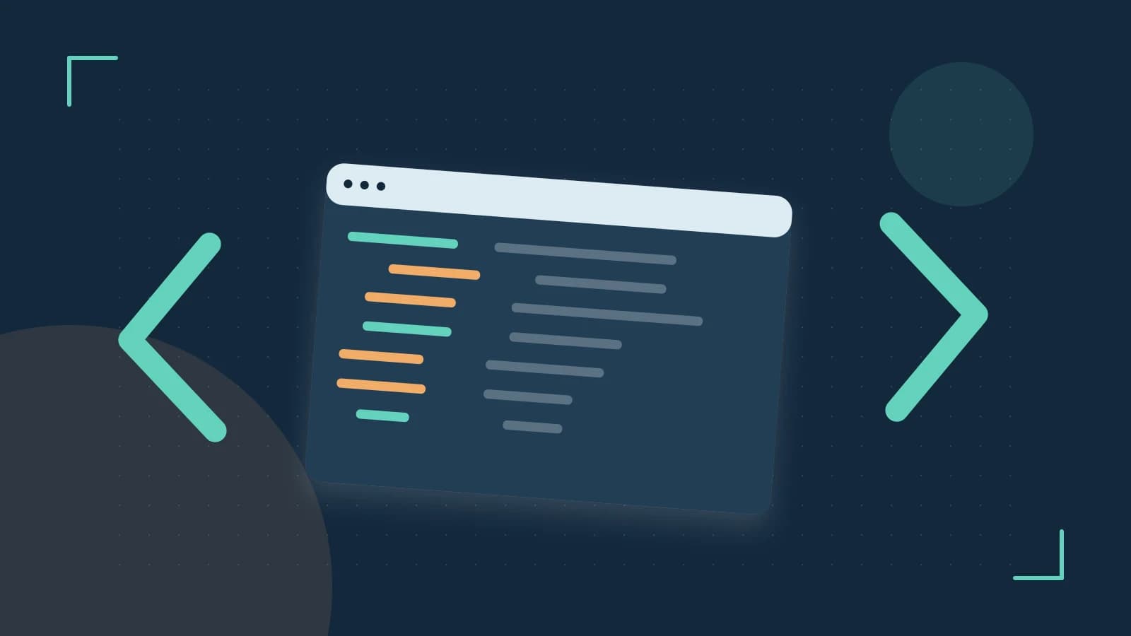 Editorial illustration of an abstract code editor, syntax blocks and oversized programming brackets