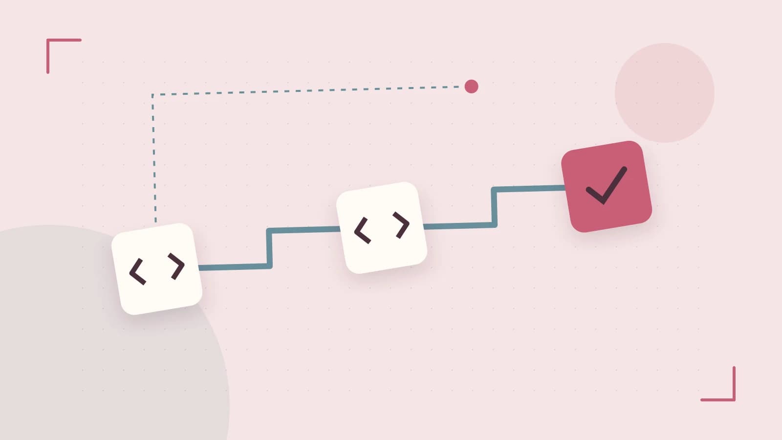 Editorial illustration of a branching build pipeline, staged transformations and a completed check