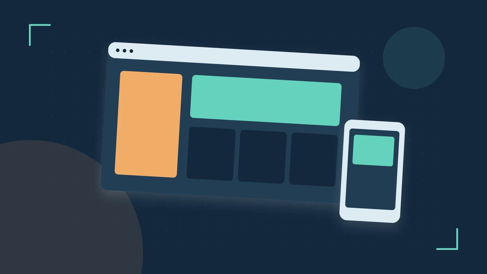 Editorial illustration of responsive browser layouts, overlapping design components and a color system