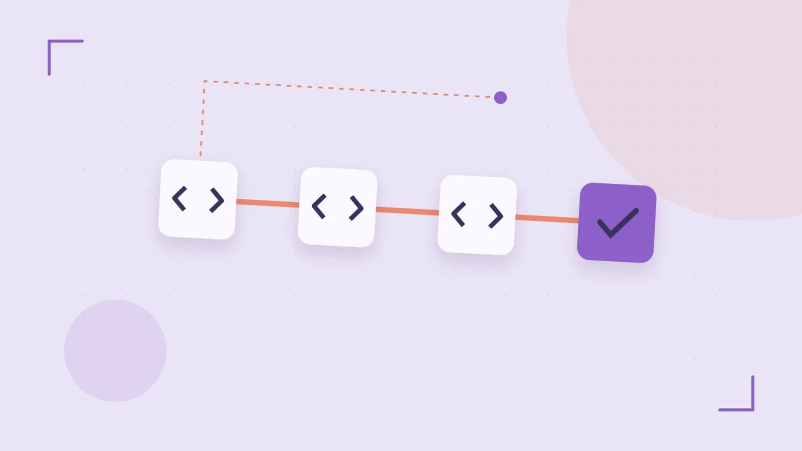Editorial illustration of a branching build pipeline, staged transformations and a completed check