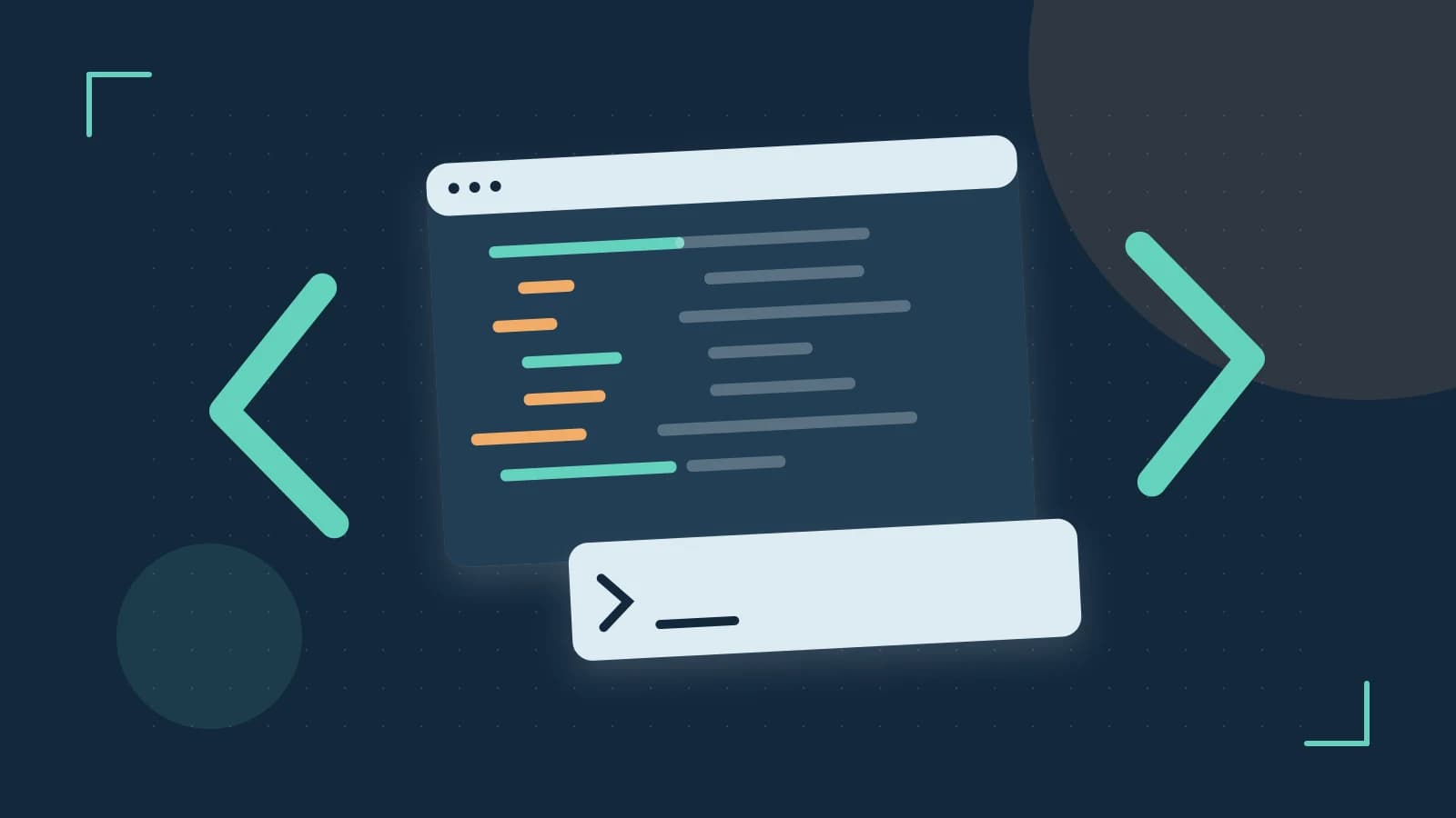 Editorial illustration of an abstract code editor, syntax blocks and oversized programming brackets