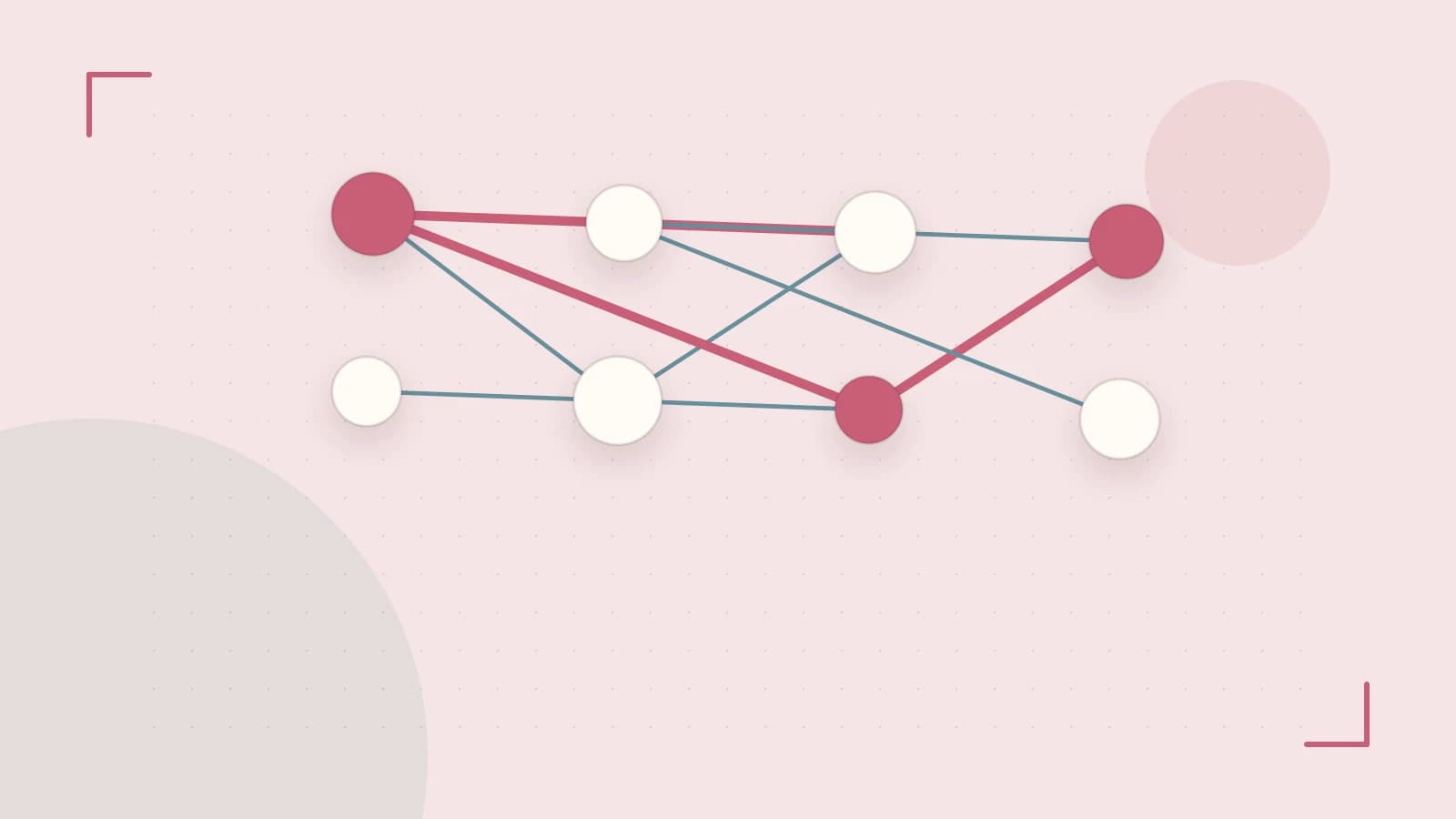 Editorial illustration of an algorithmic node graph with branching paths and a highlighted result