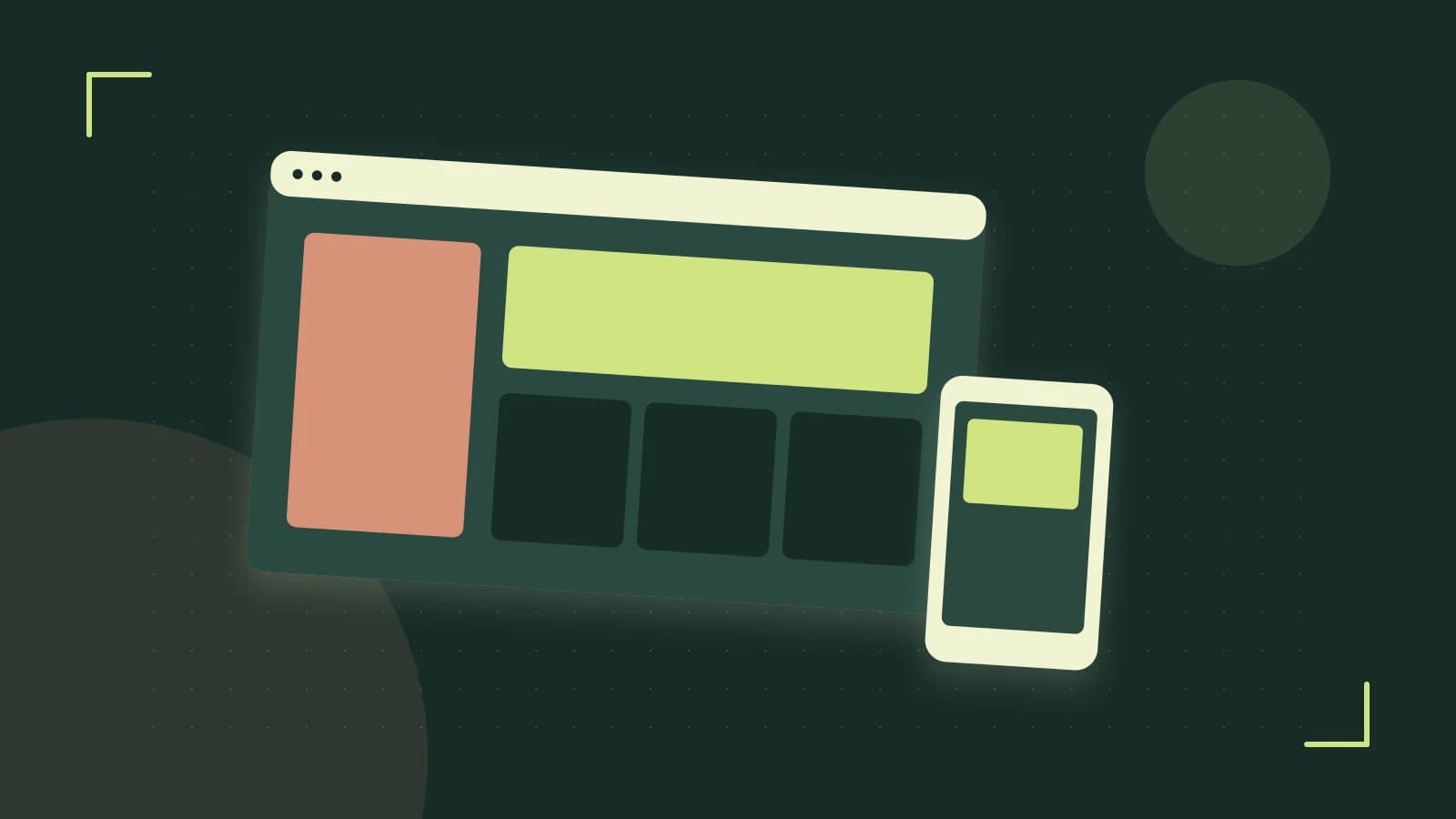 Editorial illustration of responsive browser layouts, overlapping design components and a color system