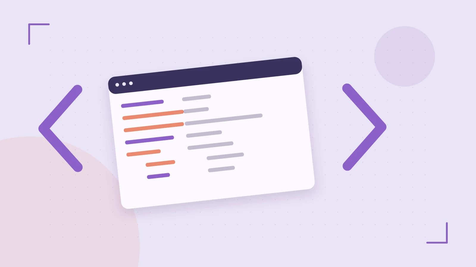 Editorial illustration of an abstract code editor, syntax blocks and oversized programming brackets