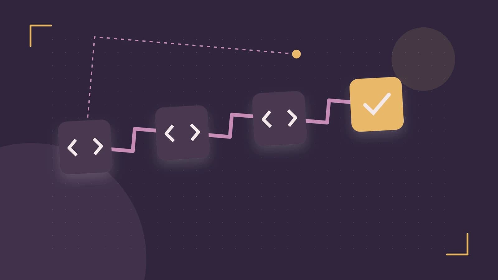 Editorial illustration of a branching build pipeline, staged transformations and a completed check