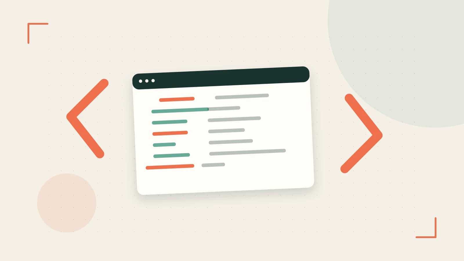 Editorial illustration of an abstract code editor, syntax blocks and oversized programming brackets