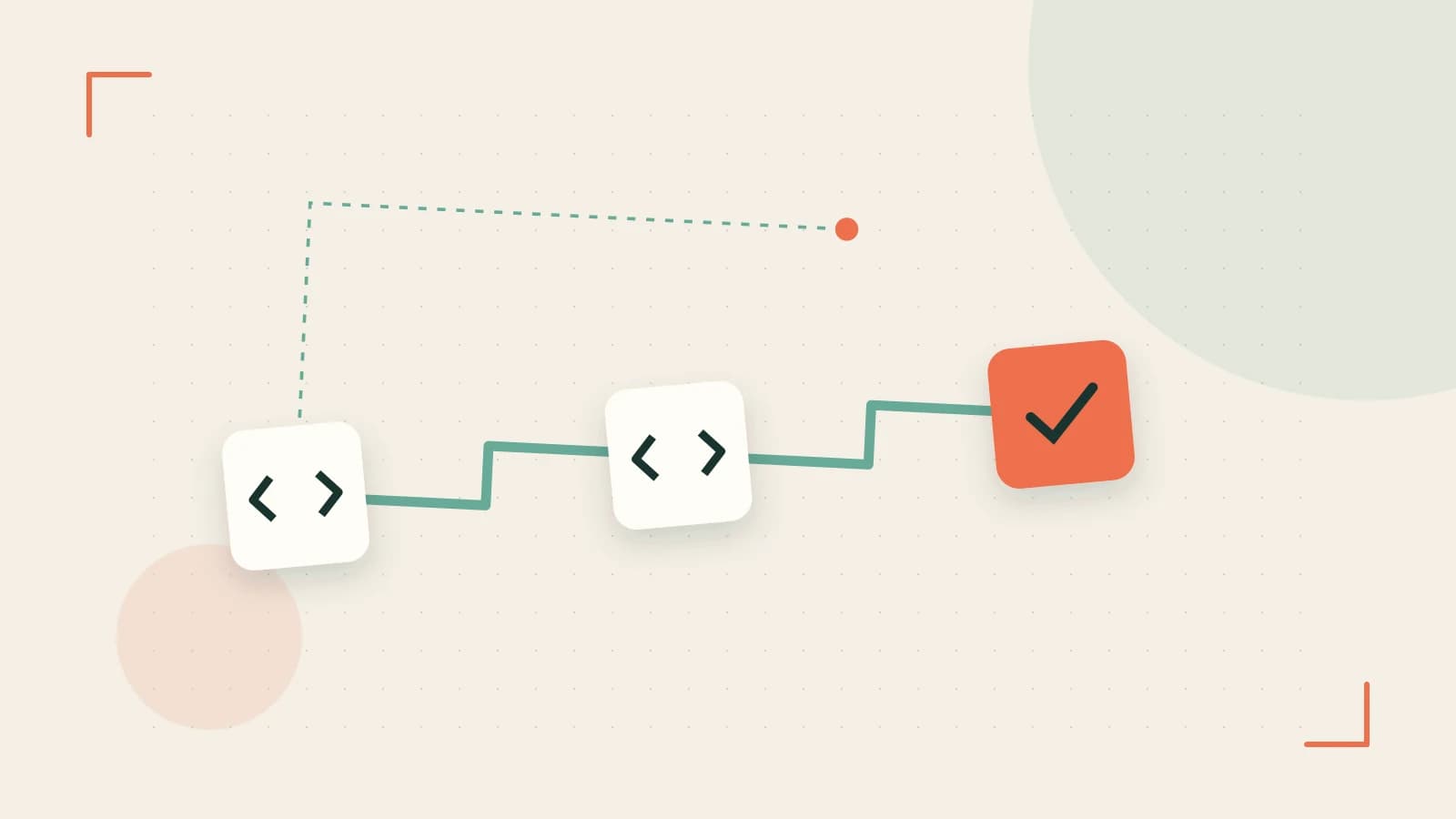 Editorial illustration of a branching build pipeline, staged transformations and a completed check