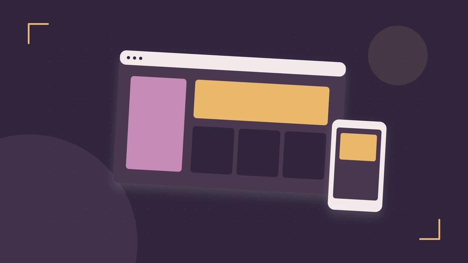 Editorial illustration of responsive browser layouts, overlapping design components and a color system