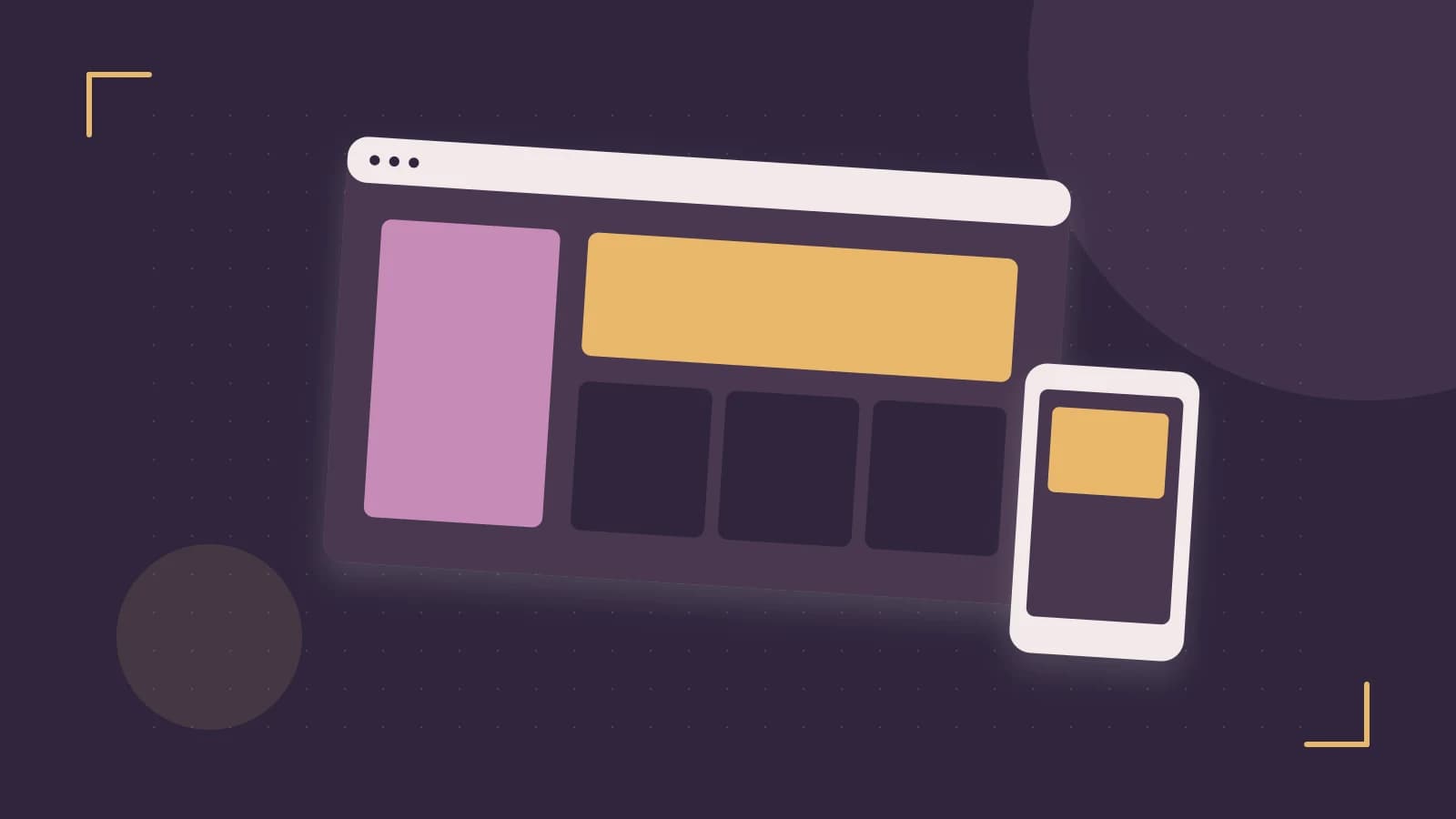 Editorial illustration of responsive browser layouts, overlapping design components and a color system