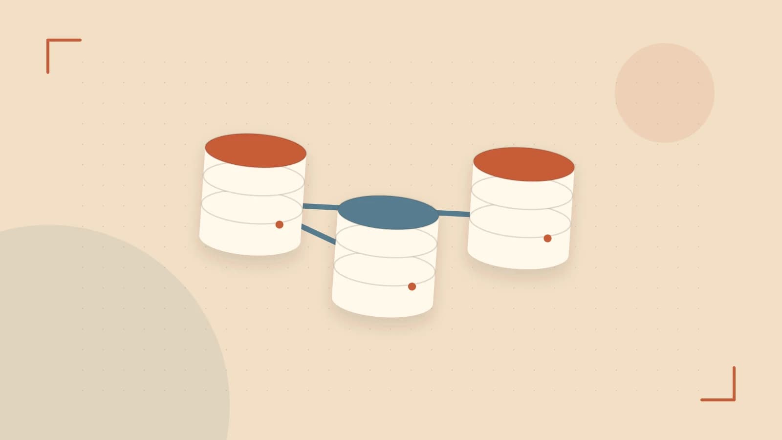 Editorial illustration of structured records, database cylinders and relationships between tables