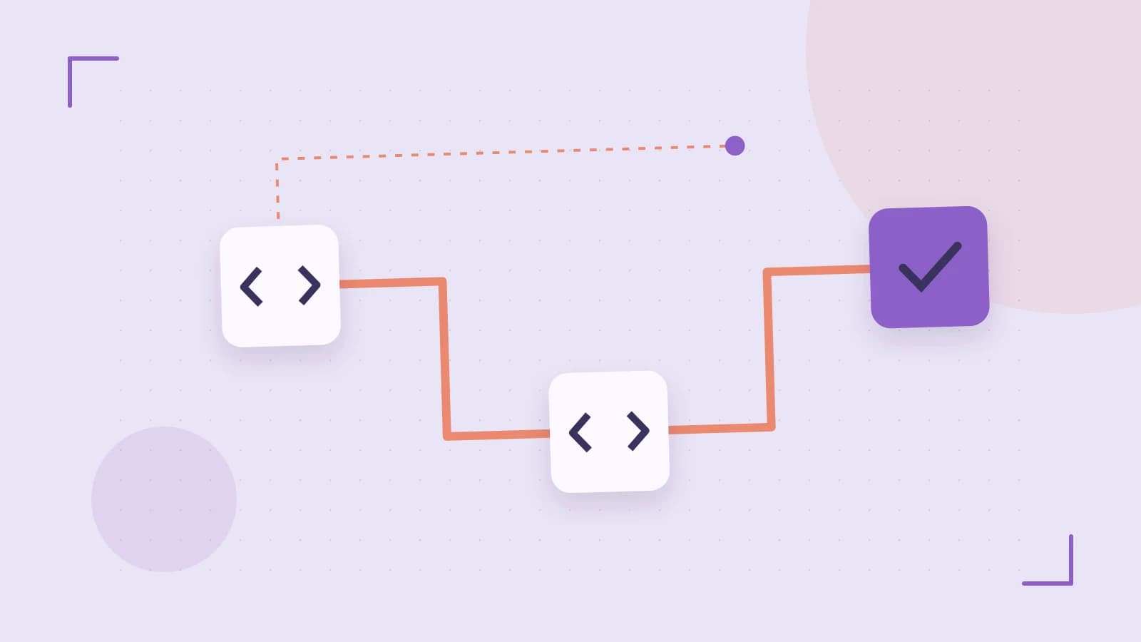 Editorial illustration of a branching build pipeline, staged transformations and a completed check