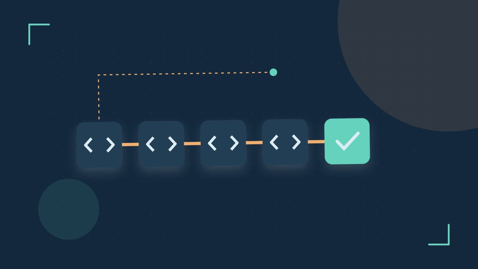 Editorial illustration of a branching build pipeline, staged transformations and a completed check