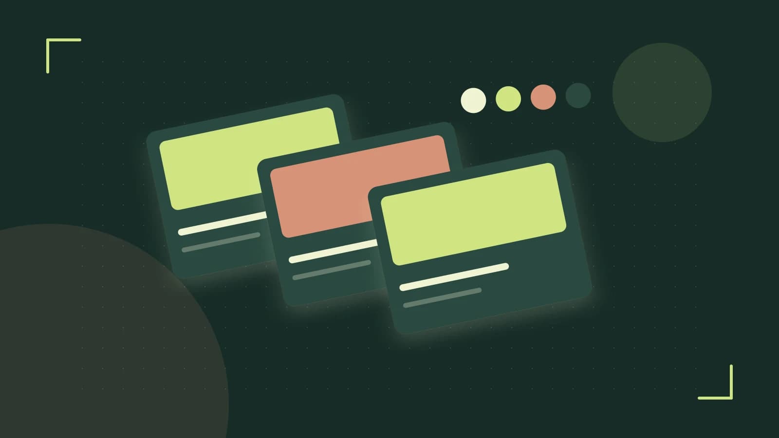 Editorial illustration of responsive browser layouts, overlapping design components and a color system