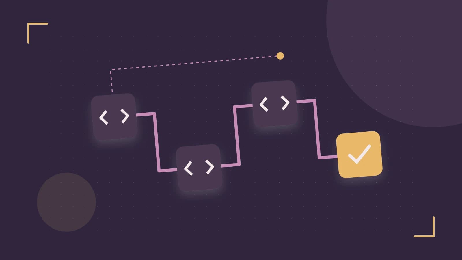 Editorial illustration of a branching build pipeline, staged transformations and a completed check
