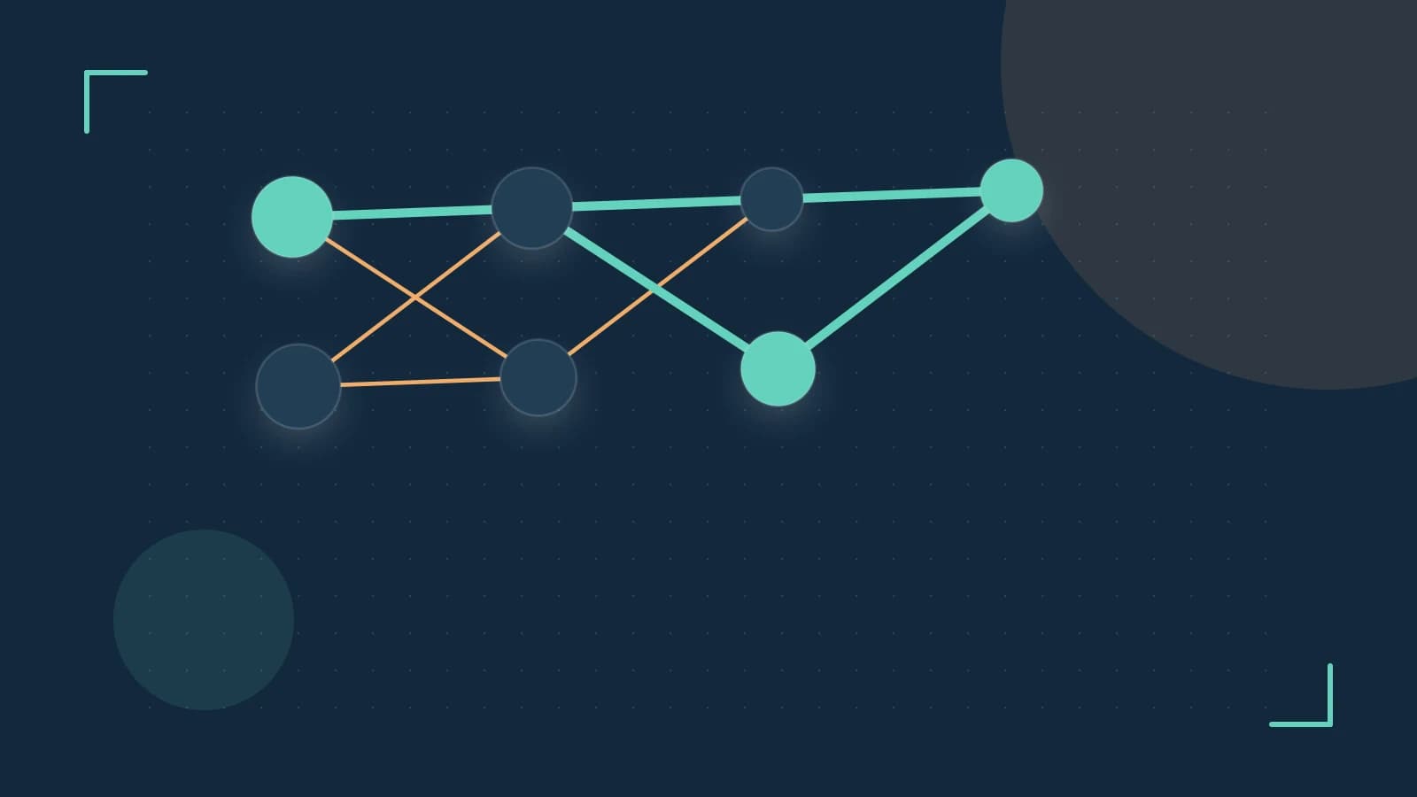 Editorial illustration of an algorithmic node graph with branching paths and a highlighted result