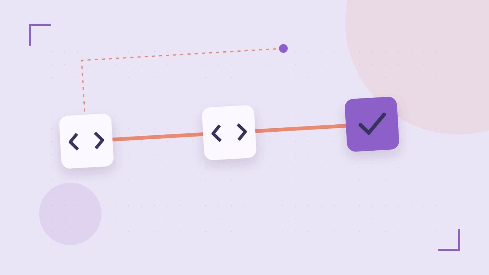 Editorial illustration of a branching build pipeline, staged transformations and a completed check