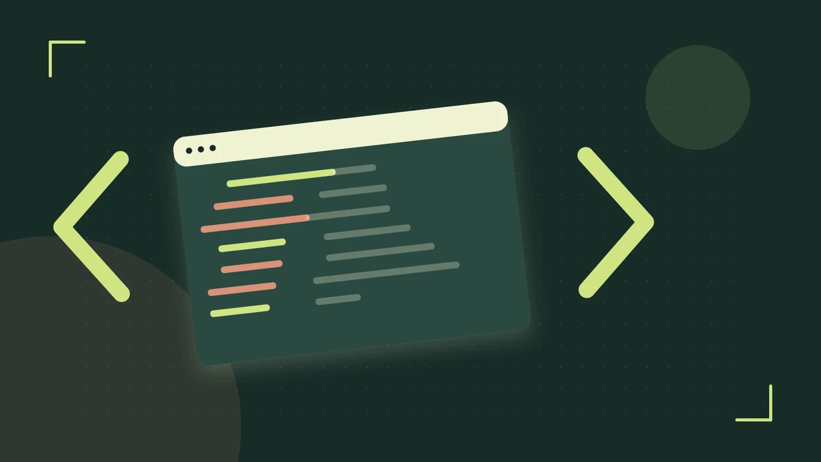 Editorial illustration of an abstract code editor, syntax blocks and oversized programming brackets