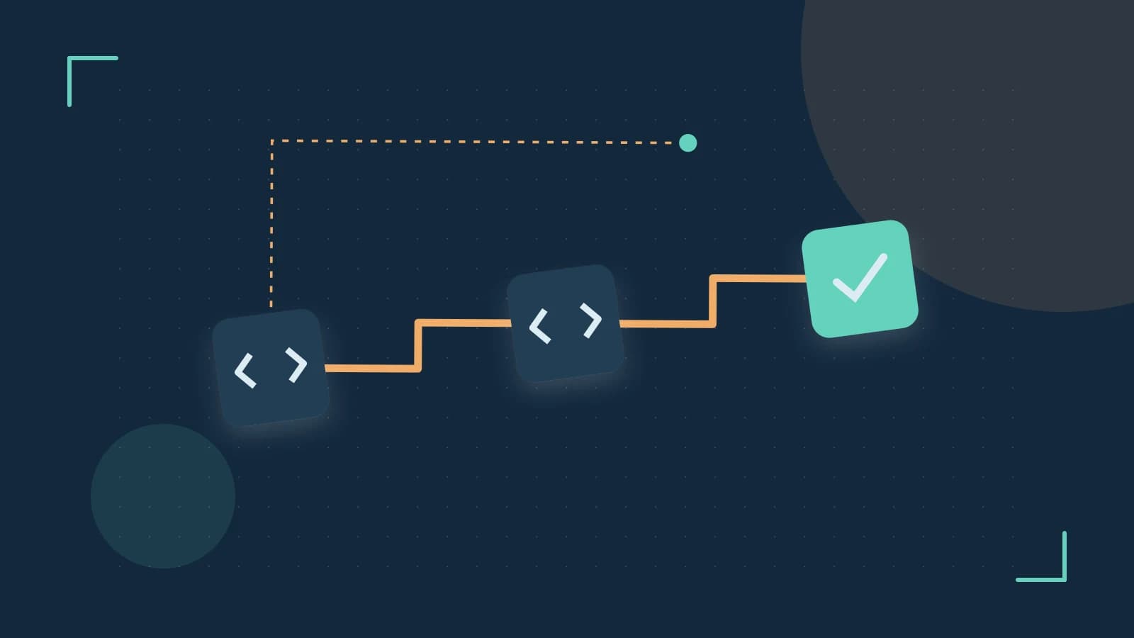 Editorial illustration of a branching build pipeline, staged transformations and a completed check