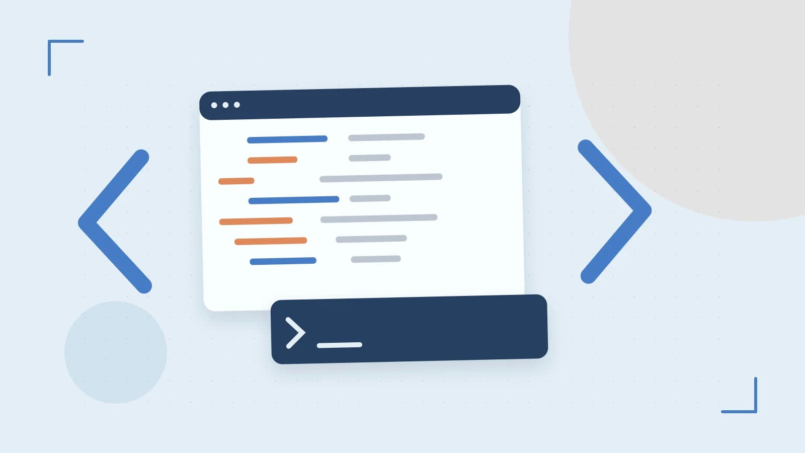 Editorial illustration of an abstract code editor, syntax blocks and oversized programming brackets