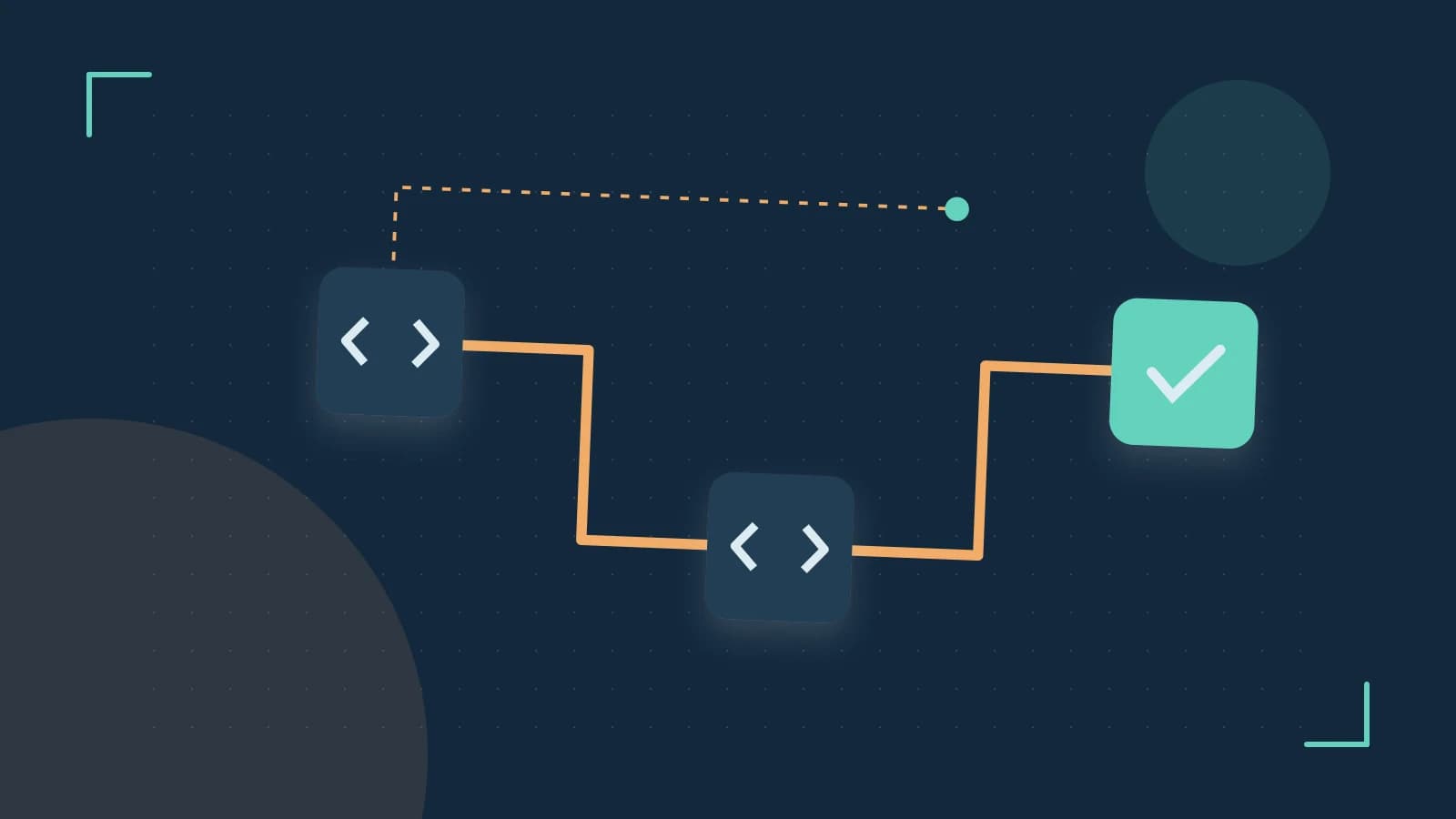 Editorial illustration of a branching build pipeline, staged transformations and a completed check