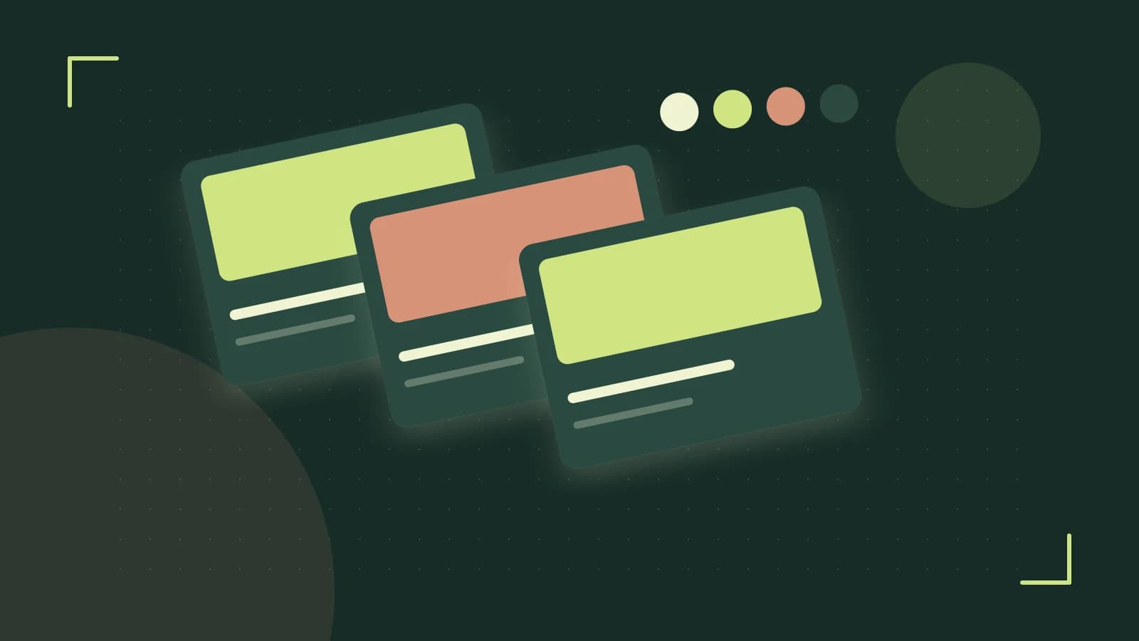 Editorial illustration of responsive browser layouts, overlapping design components and a color system