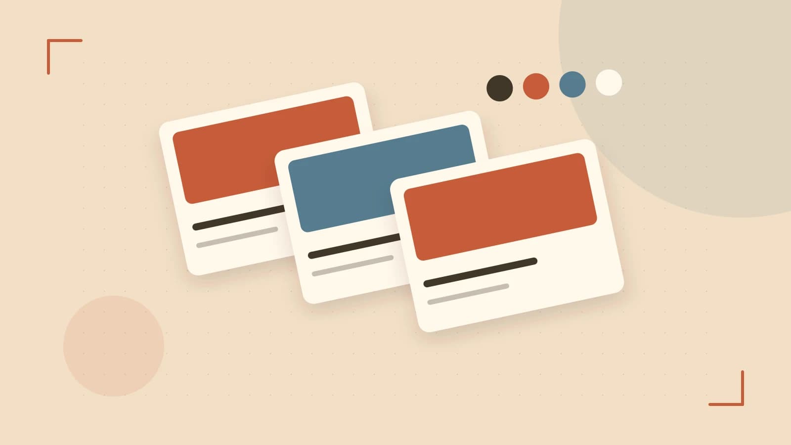 Editorial illustration of responsive browser layouts, overlapping design components and a color system