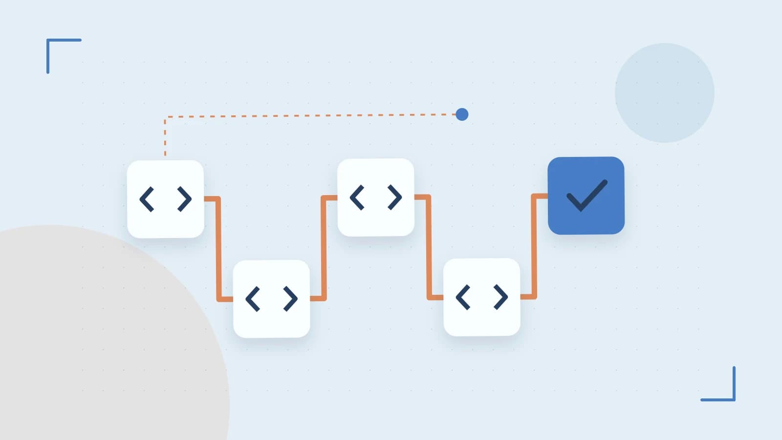 Editorial illustration of a branching build pipeline, staged transformations and a completed check