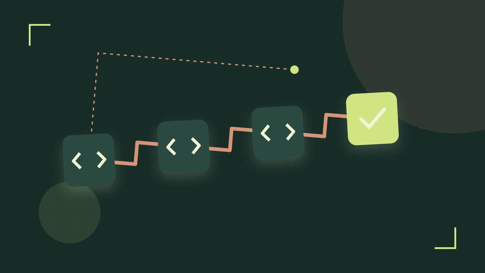 Editorial illustration of a branching build pipeline, staged transformations and a completed check