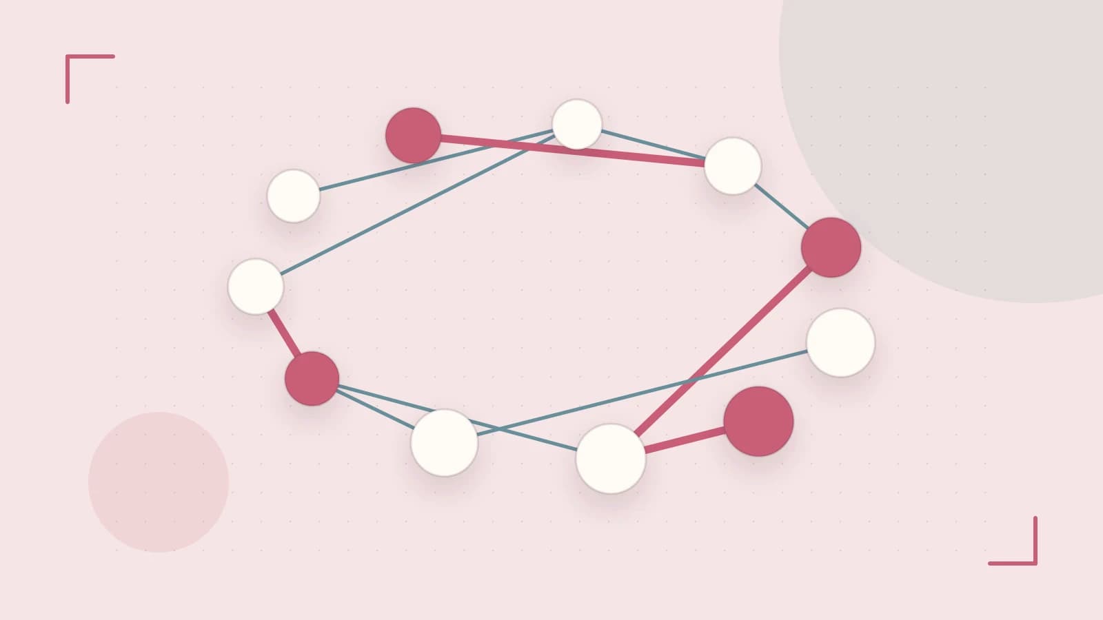Editorial illustration of an algorithmic node graph with branching paths and a highlighted result